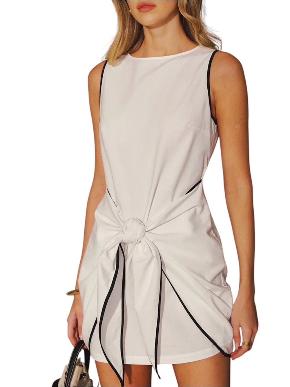 Commense White Black Trim Knot Waist Linen Blend Mini Dress NWT Small